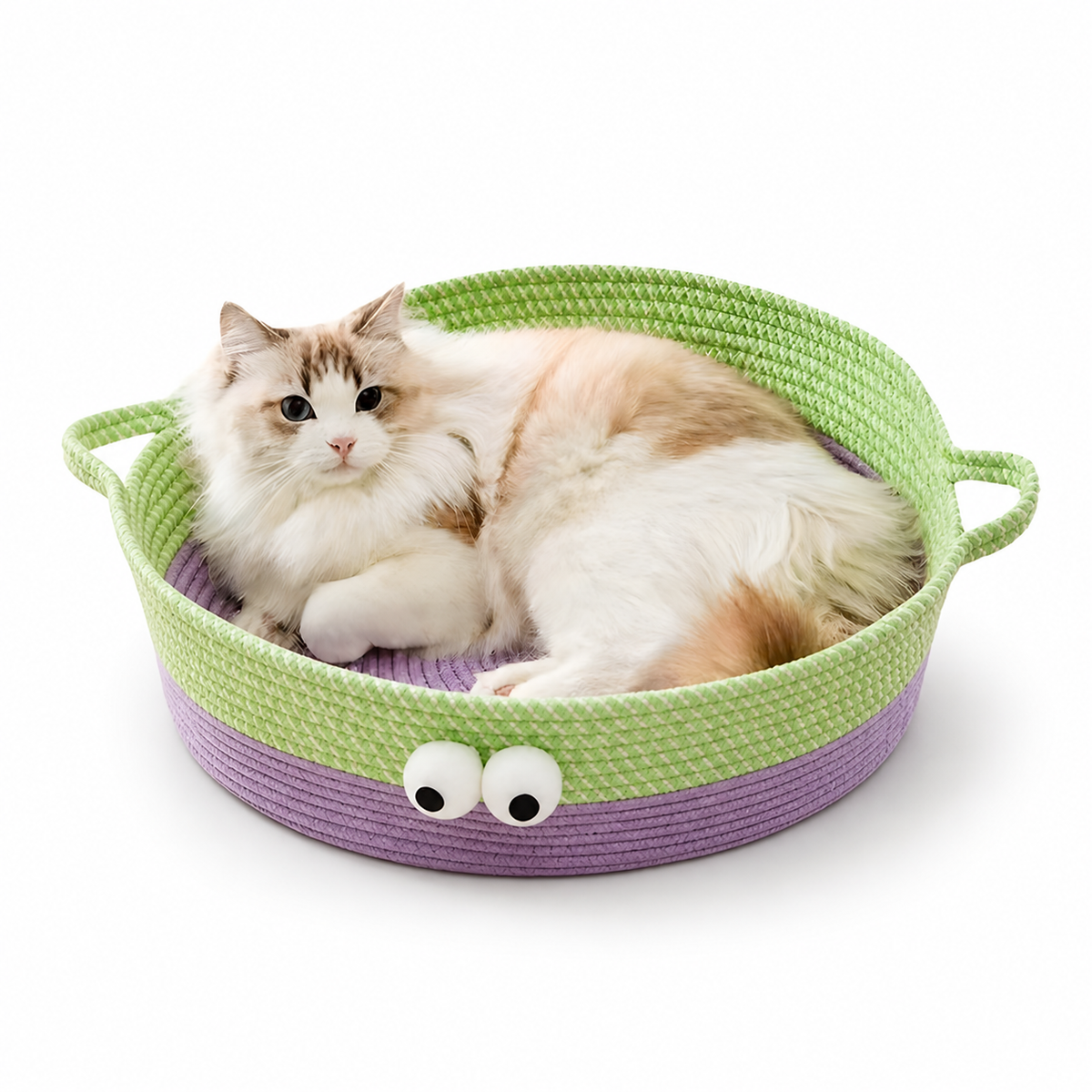 Woven cotton rope cat bed with stitched eyes, green - MyTapDom