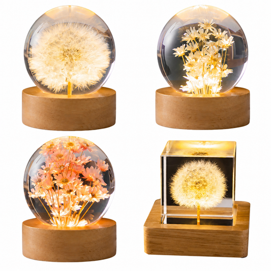 Dandelion night lamp in glass sphere on wooden base - MyTapDom