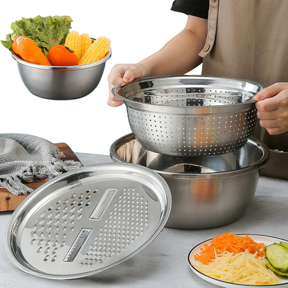 Three-piece stainless steel grater bowl set with colander - MyTapDom